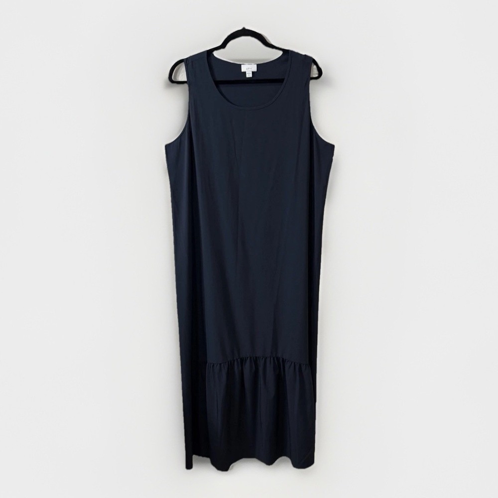J Jill Fit XL Tall Navy Midi Shift Dress Ruffle Hem Sleeveless Minimalist Travel